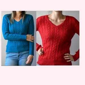 Two cable knit V neck sweaters